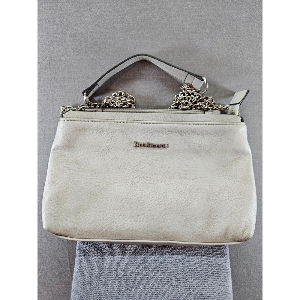 Enzo Angiolini Cream Faux Leather Triple Compartment Crossbody Bag Silver Chain